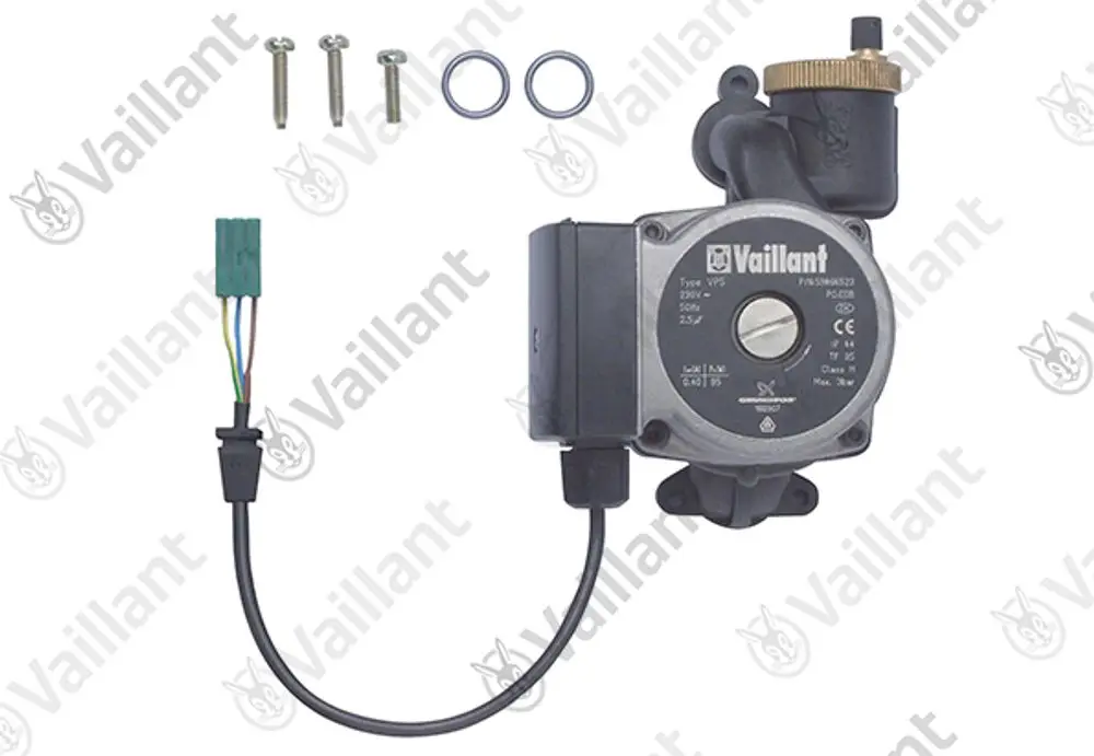 Vaillant Pumpe mit Stromanschluss, Anschlusskabel und Montageschrauben. Besteht aus einem Gehäuse mit sichtbarem Typenschild und zwei Dichtungsringen.